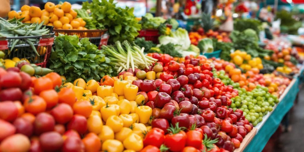 Mercado com frutas e verduras frescas e coloridas.