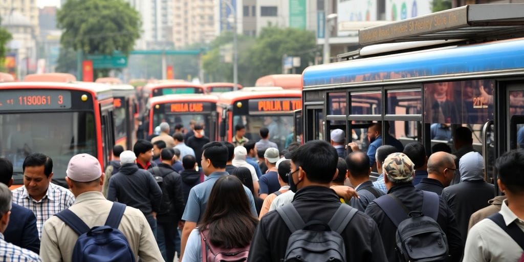 Cena urbana com ônibus e passageiros esperando.