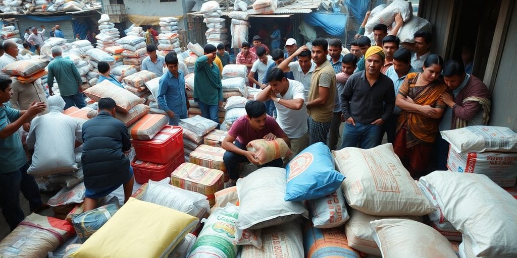 Cena caótica de distribuição de doações humanitárias.