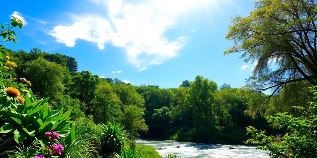 Paisagem natural com vegetação abundante e céu azul.