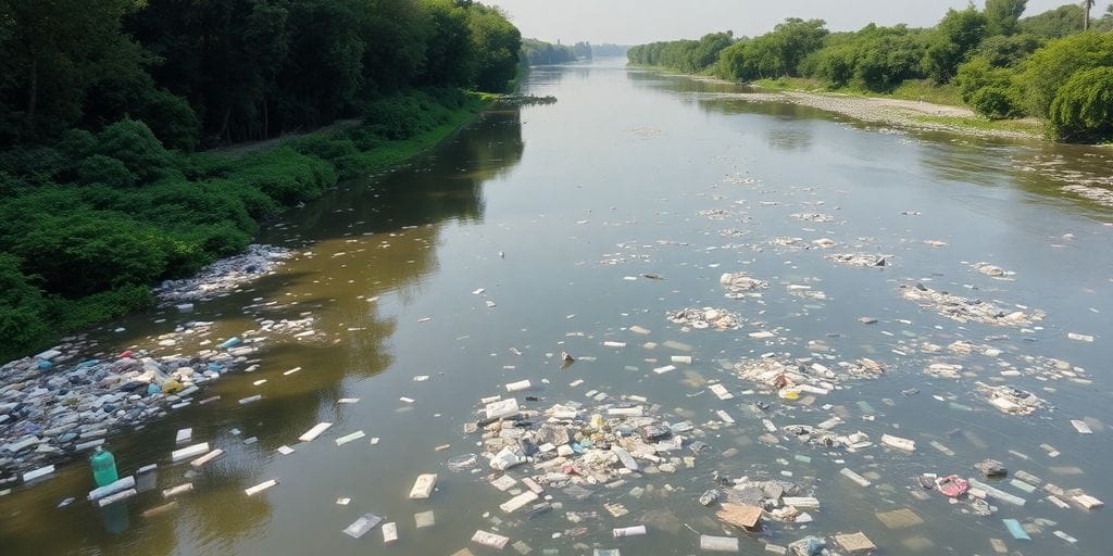 Rio poluído com lixo plástico e água suja.