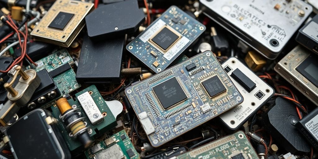 Dispositivos eletrônicos descartados com metais preciosos visíveis.