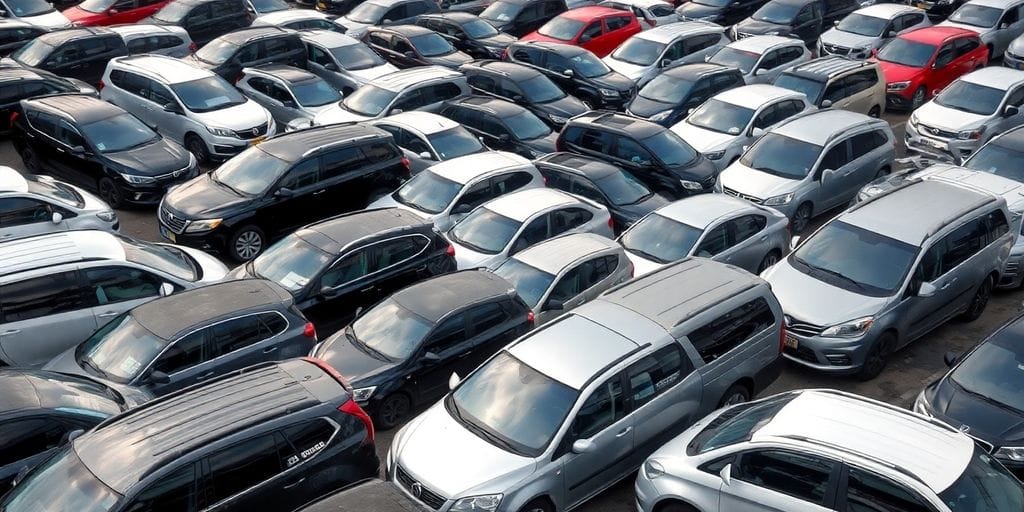 Estacionamento lotado com veículos desorganizados.