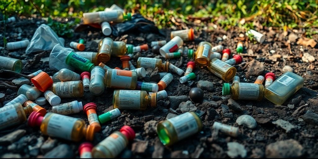 Frascos de medicamentos e lixo tóxico no meio ambiente.