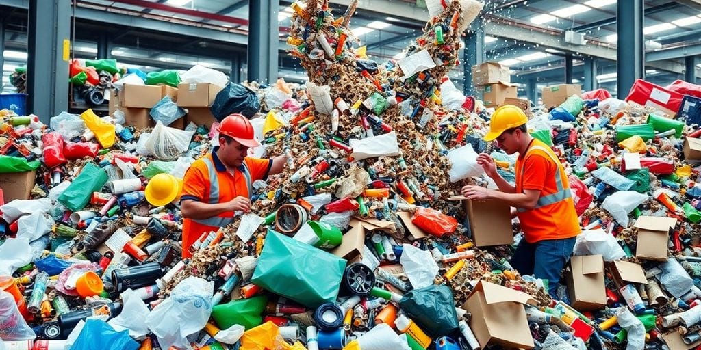 Trabalho de reciclagem de resíduos industriais em ação.