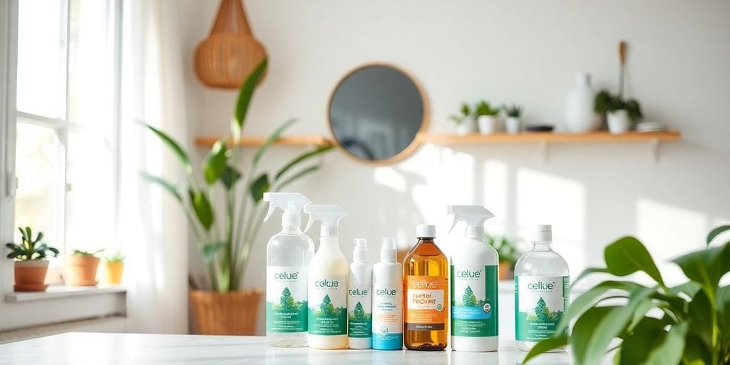 Casa limpa com produtos de limpeza ecológicos e plantas.