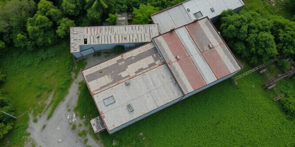 Armazém vazio e abandonado com grama alta.
