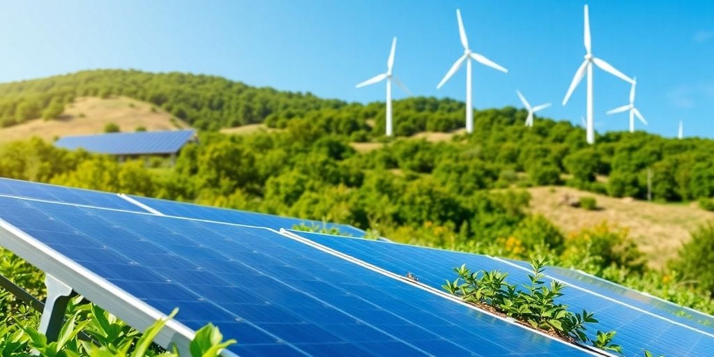 Painéis solares e turbinas eólicas em paisagem verde.