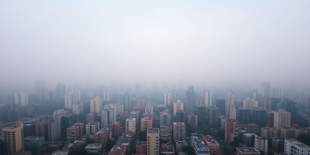 Cidades cobertas por poluição do ar e fumaça.