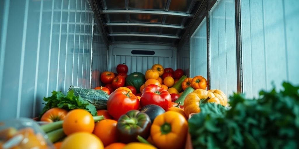 Transporte de frutas e verduras em caminhão refrigerado.