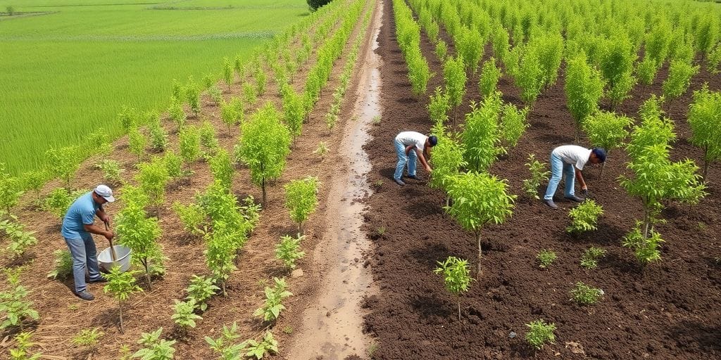 Trabalhadores restaurando área contaminada com árvores e solo limpo.