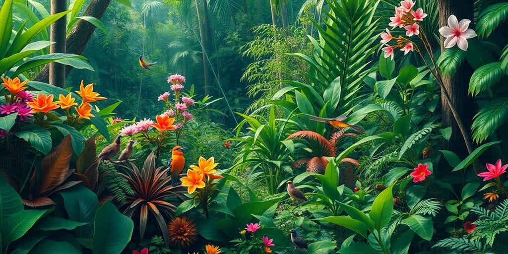Floresta tropical rica em fauna e flora diversas.