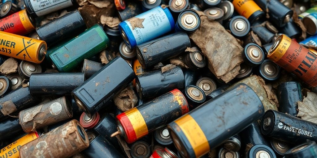 Pilhas e baterias descartadas em lixo tóxico.