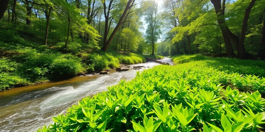 Natureza verde com água limpa e árvores saudáveis.