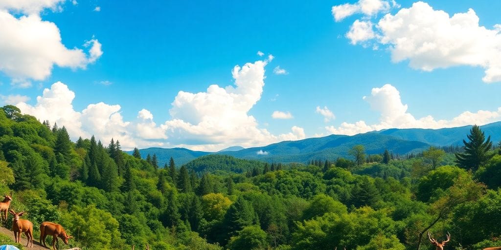 Natureza exuberante com florestas verdes e céu azul.