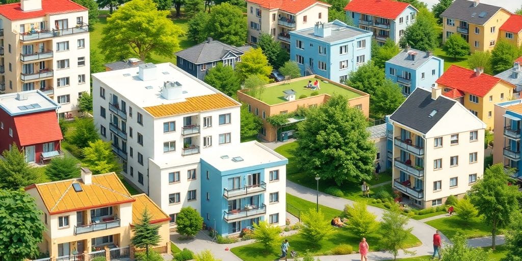 Diversos projetos habitacionais modernos em uma comunidade.