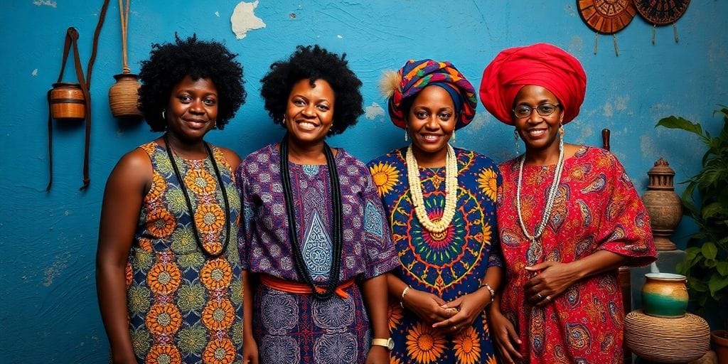 Cultura afro-brasileira em roupas e artefatos tradicionais.