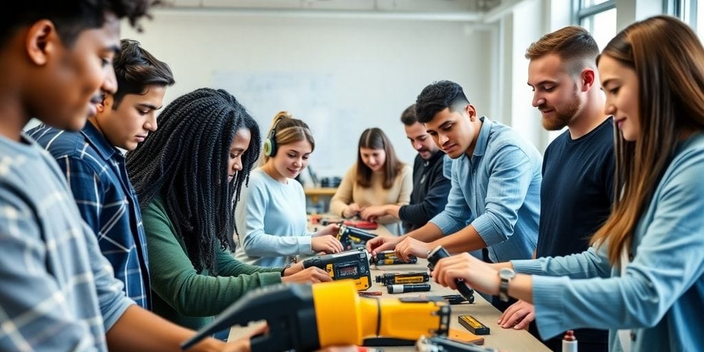 Grupo diverso de jovens em treinamento técnico prático.