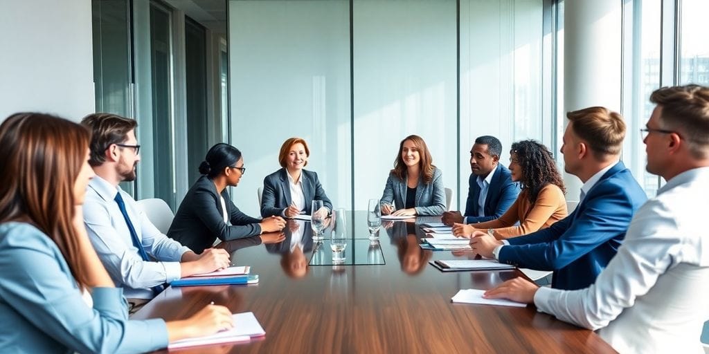 Sala de reuniões moderna com profissionais diversos discutindo.