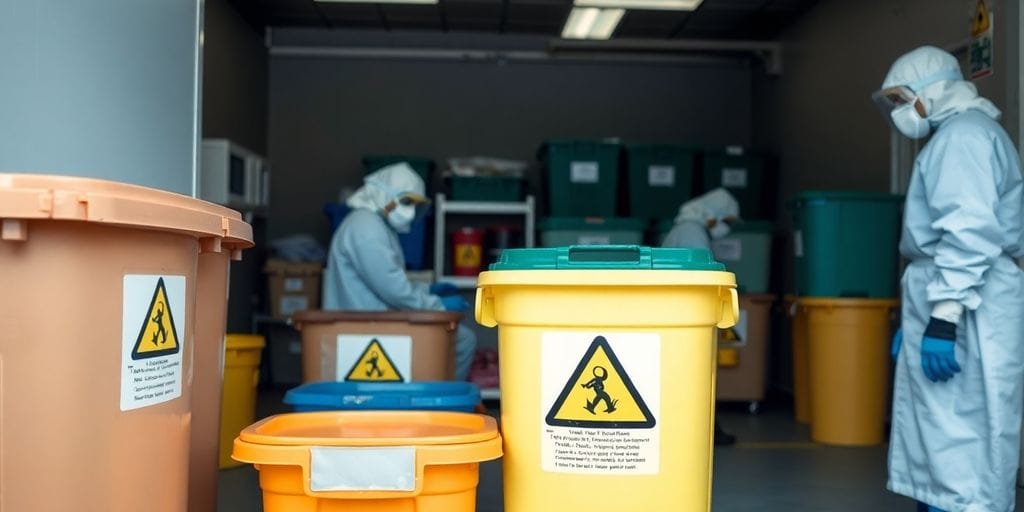 Descarte seguro de resíduos hospitalares perigosos.