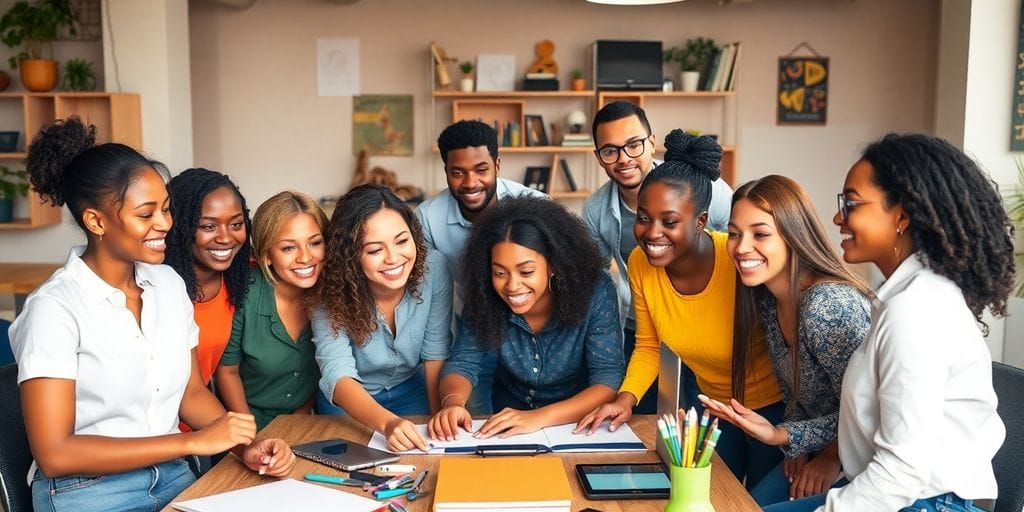 Diversas pessoas colaborando em um ambiente empresarial criativo.