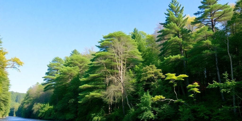 Floresta e rio representando a natureza e sustentabilidade.