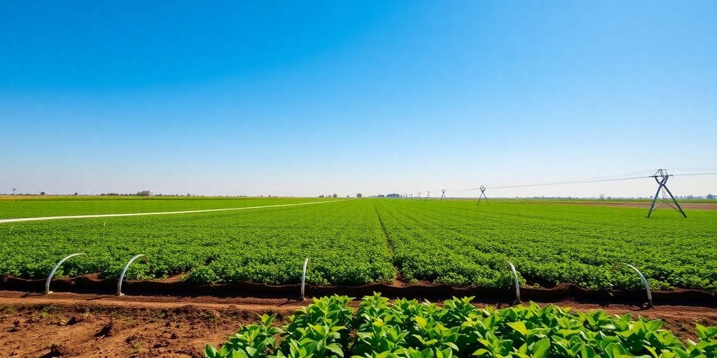 Campo agrícola sustentável com irrigação eficiente.