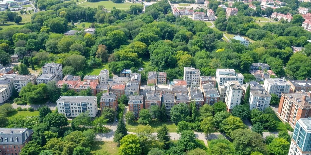 Cidade com árvores e edifícios, destacando desmatamento urbano.