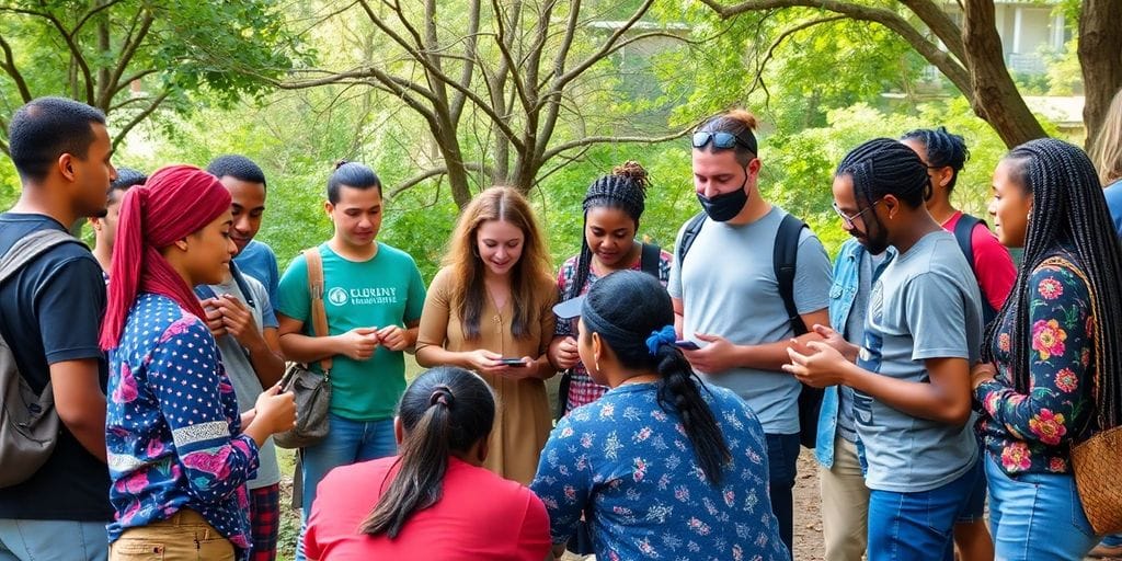 Comunidade diversa unida em atividades de transformação social.