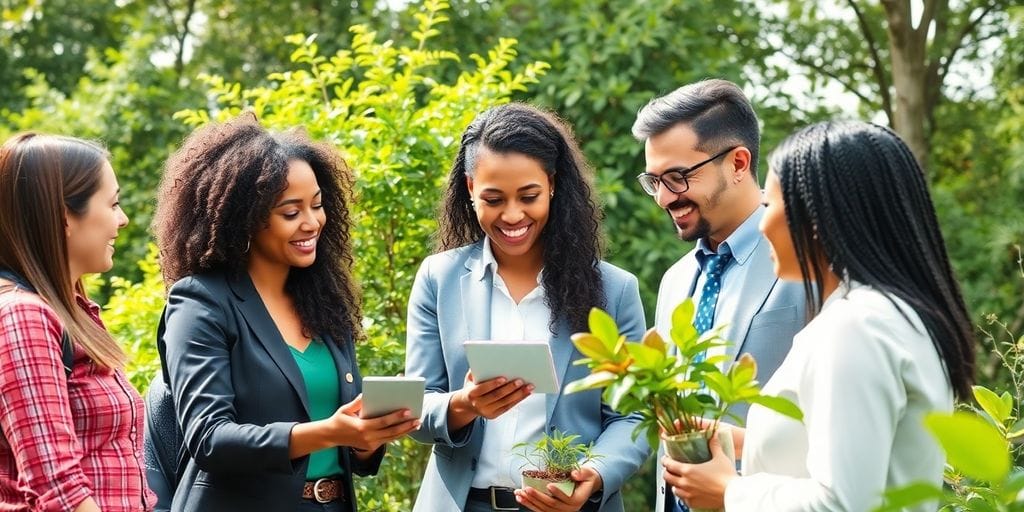 Pessoas de negócios colaborando ao ar livre, em meio à natureza.