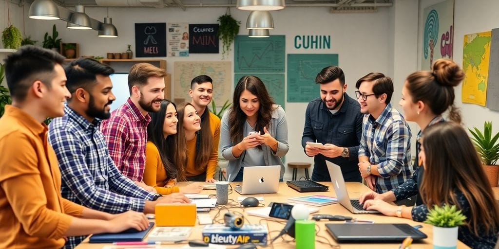 Grupo diversificado de empreendedores colaborando em um ambiente vibrante.