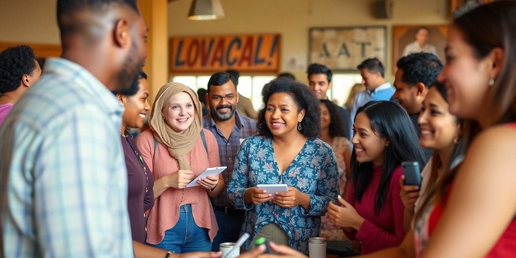 Reunião comunitária com pessoas colaborando e interagindo.