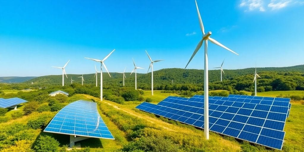 Paisagem com turbinas e painéis solares em harmonia.