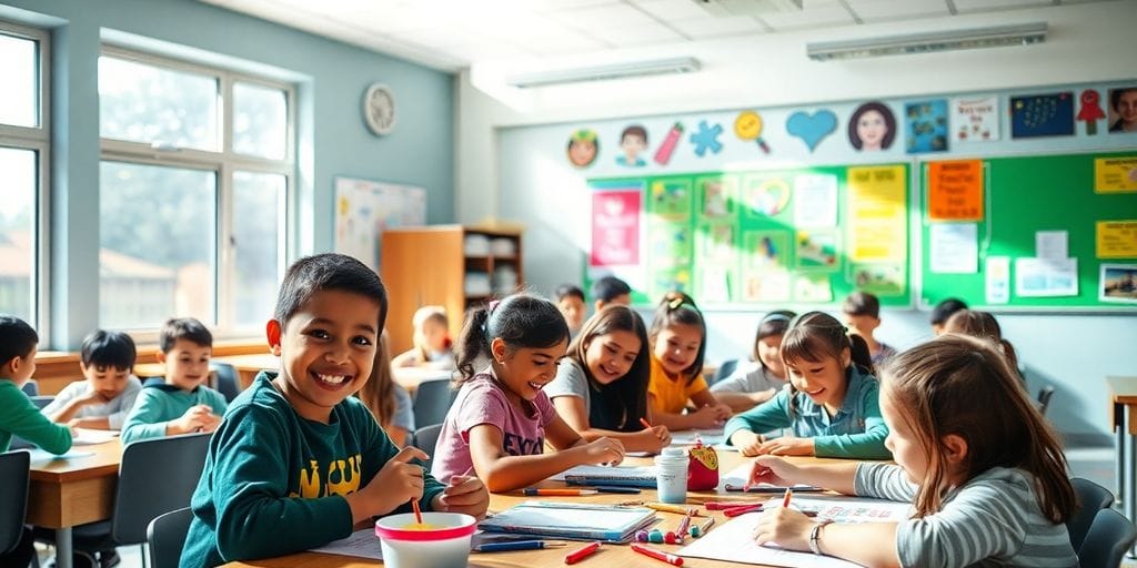 Estudantes diversos aprendendo ativamente em sala de aula.
