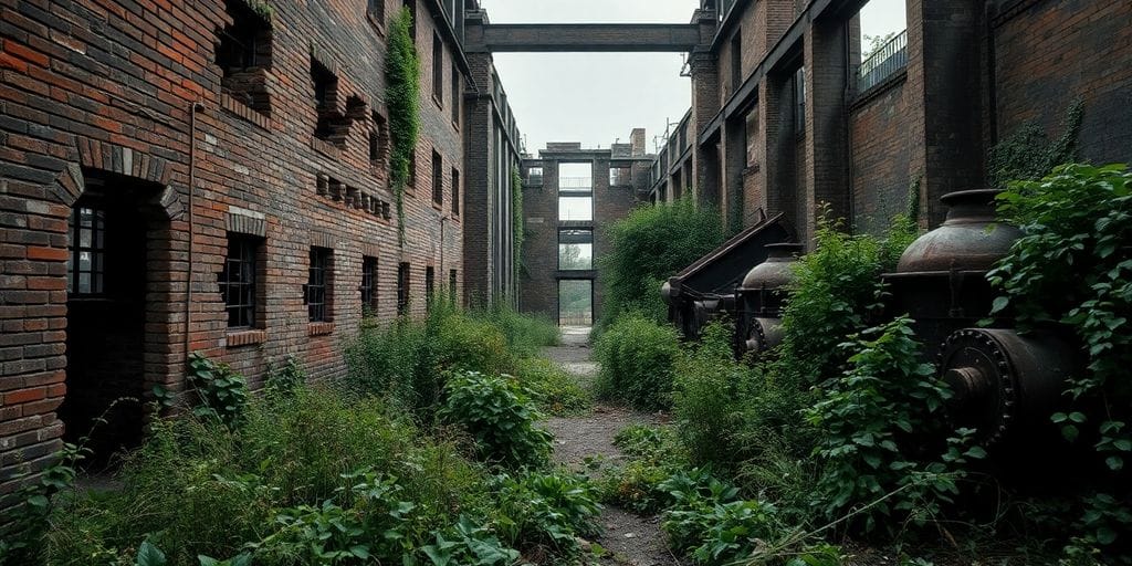 Indústria abandonada com paredes de tijolos e maquinário enferrujado.
