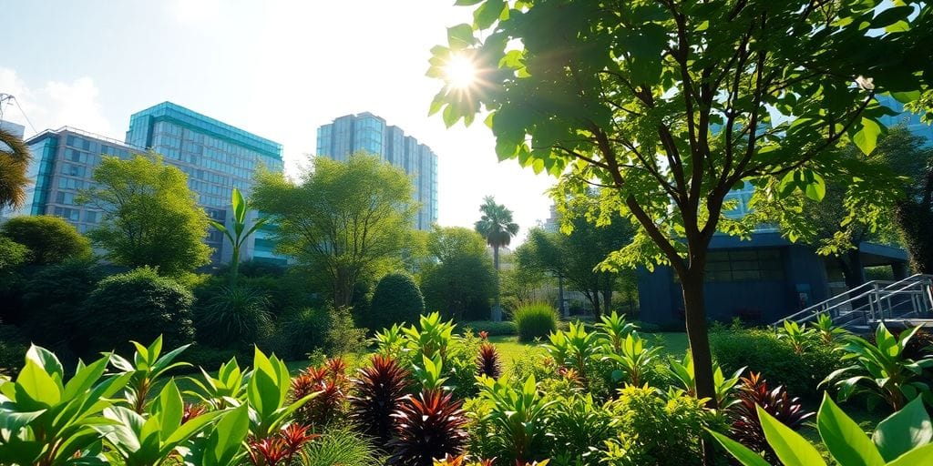 Paisagem verde com plantas e edifícios sustentáveis.