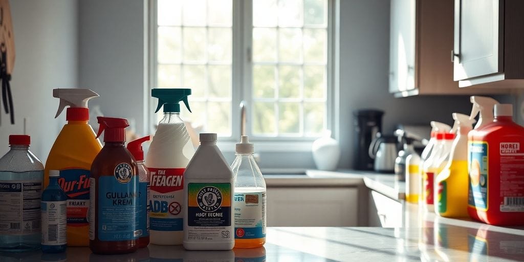 Produtos químicos domésticos em uma cozinha organizada.