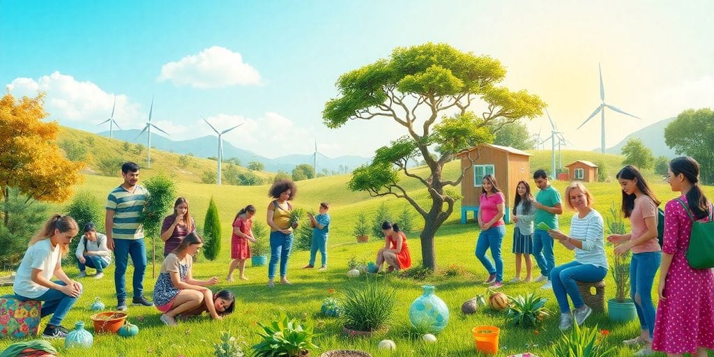 Grupo diverso praticando ações sustentáveis na natureza.