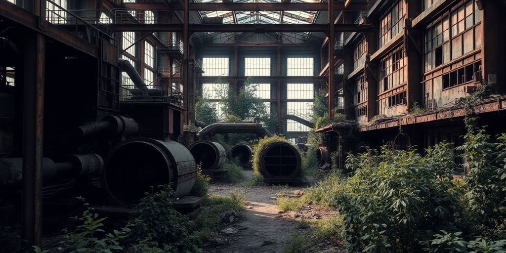 Indústria abandonada com maquinário enferrujado e vegetação.