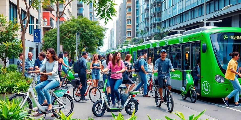 Cenas de transporte urbano sustentável com bicicletas e scooters.