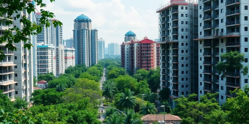 Cenário urbano com construção e áreas verdes visíveis.