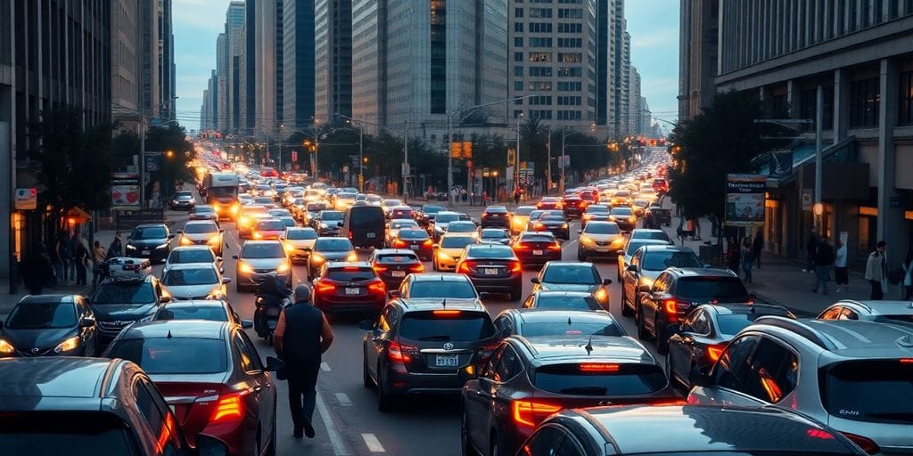 Rua movimentada com carros e pedestres em uma cidade.