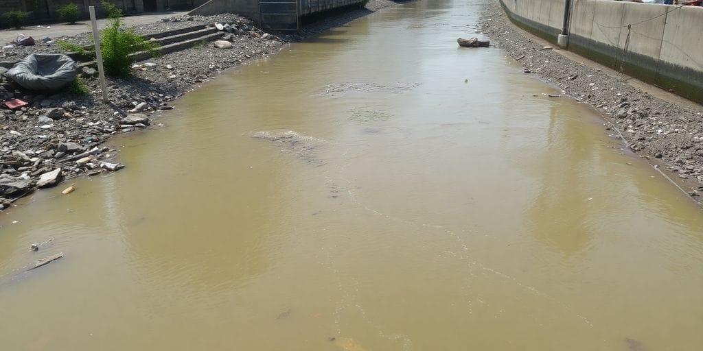 Rio poluído em cidade mostrando lixo e água turva.