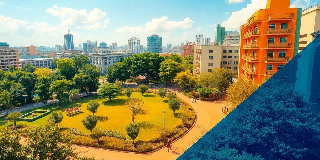 Paisagem urbana com áreas verdes e prédios ecológicos.