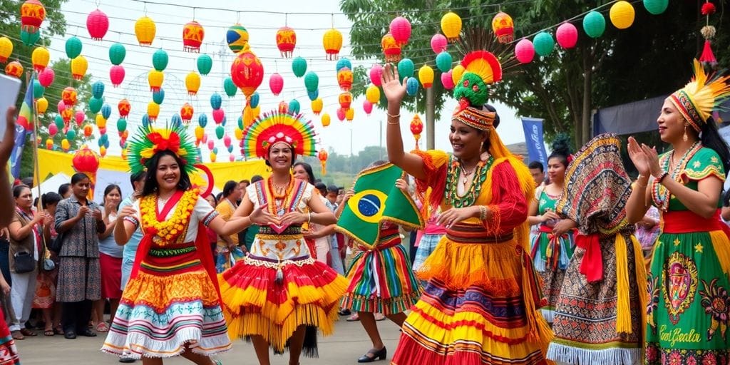 Dançarinos de folclore nordestino em festa colorida.
