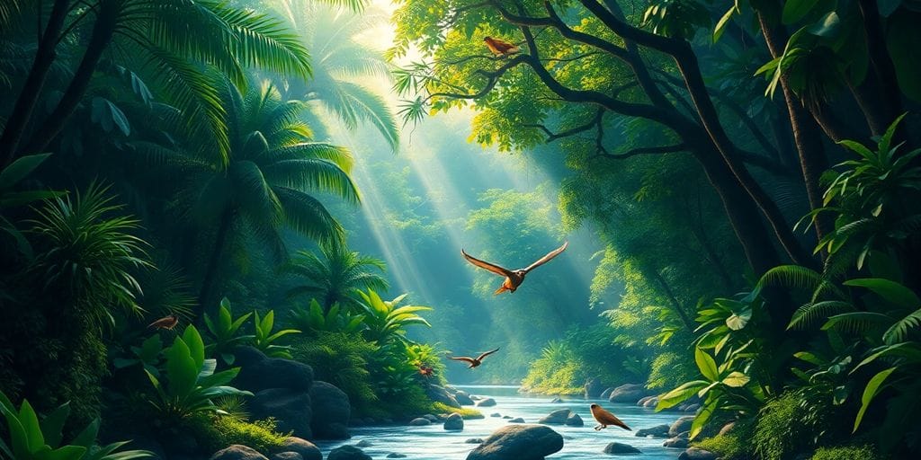 Floresta Amazônica com animais e vegetação exuberante.