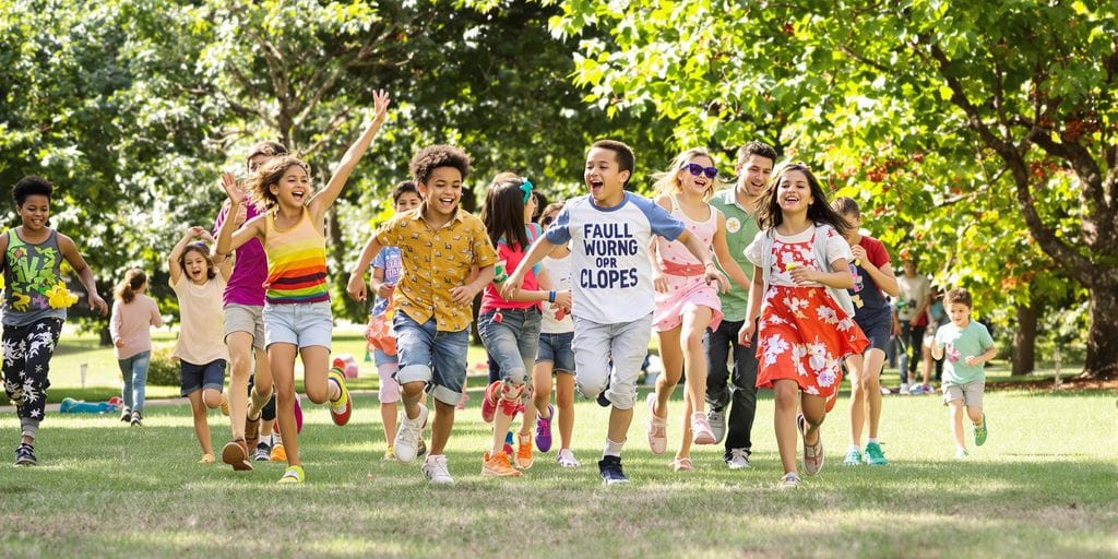 Crianças felizes brincando no parque sob o sol.