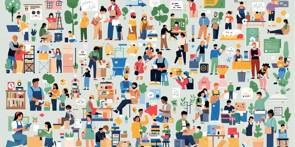 Indivíduos trabalhando juntos em diferentes ambientes de emprego.
