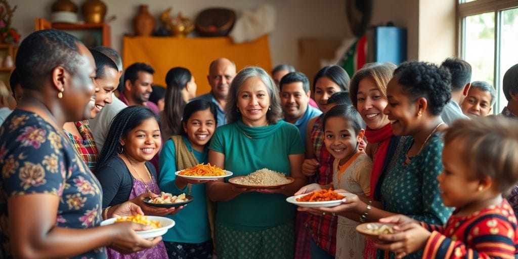 Famílias unidas ajudando umas às outras com sorrisos.