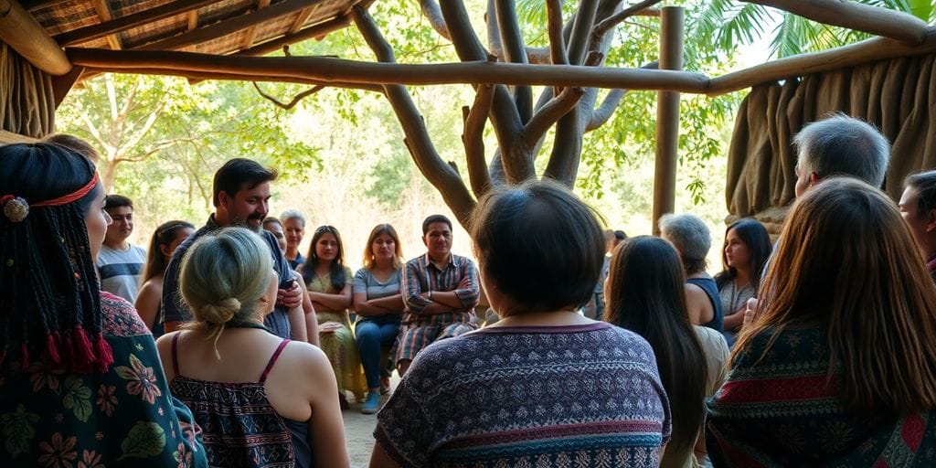 Grupo de pessoas ouvindo histórias em ambiente rústico.